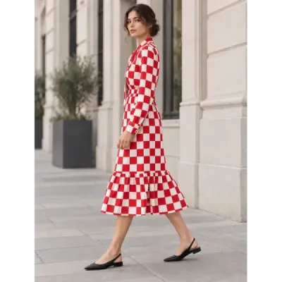 Rochie grilă cu decolteu Ann Gissy legat alb și roșu (XY202117)