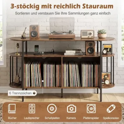 Plattenspieler-Ständer mit Ladestation & Farbigen LED-Leuchten 140 x 40 x 76 cm Rustikalbraun