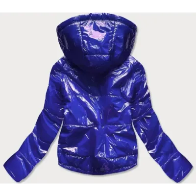 Geaca de femeie cu plapumă lucioasă cu glugă albastră (b9560)