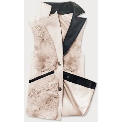 Vestă elegantă din piele ecologică și blană crem (br9593-46)