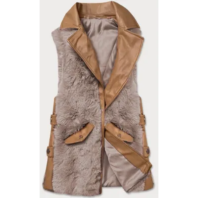Vestă elegantă din piele ecologică și blană bej caramel (br9592-48022)