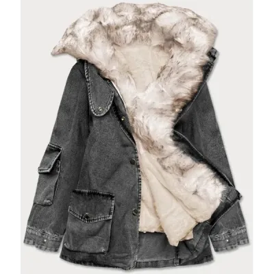 Jacheta pentru femei denim cu guler de blană negru/bige (br9585-1046)