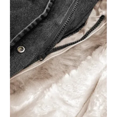Jacheta pentru femei denim cu guler de blană negru/bige (br9585-1046)