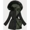 Jachetă de iarnă caldă pentru femei cu două fețe negru/kaki (w610)