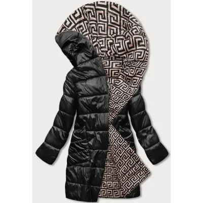 Geaca pentru femei Kopert cu glugă neagră și bej (R8040)