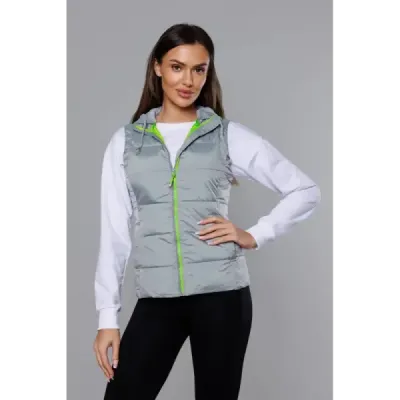 Vestă pentru femei cu glugă gri-lime tricotată (DW-21604)