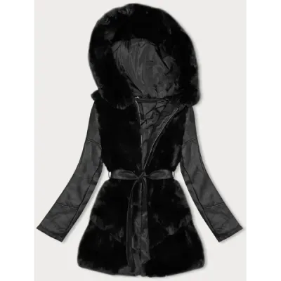 Geaca de piele organica cu panou de blana J Stil negru (11Z8090)