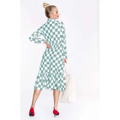 Rochie grilă cu decolteu Ann Gissy legat alb-albastru (XY202117)