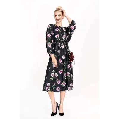 rochie de flori kimono cu clivaj rotund Ann Gissy negru / roz (XY202116)