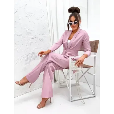 Set sacou liber + pantaloni largi roz pulbere (8167)