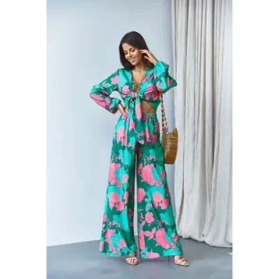 Set de cravată bluza și pantaloni verzi largi (8175)
