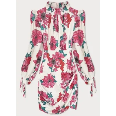 Rochie scurta cu flori in picioare de ecru-rose (A1080)
