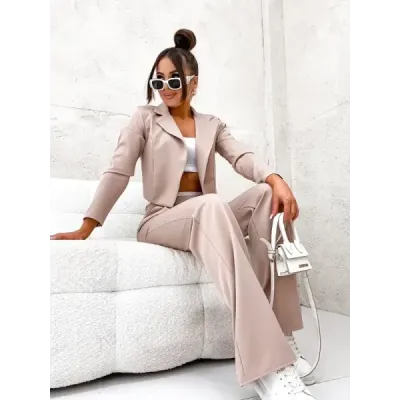 Set jacheta scurta + pantaloni bej lati (8263)
