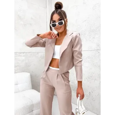 Set jacheta scurta + pantaloni bej lati (8263)
