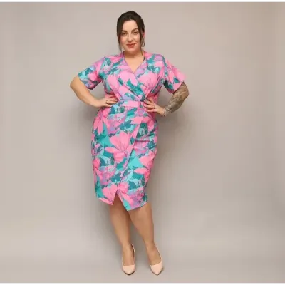 Rochie de genunchi Kopert în flori roz-verde (742)