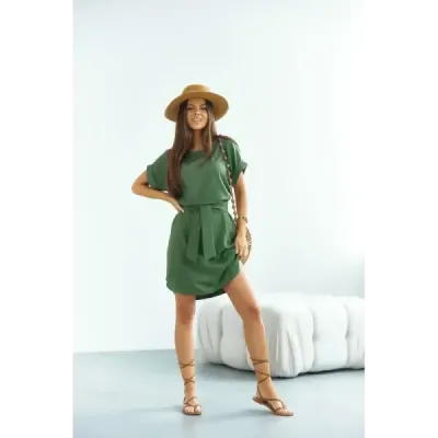 Rochie simplă cu decolteu kaki rotund (655)