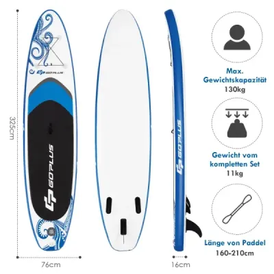 Costway Aufblasbares Stand up Paddle Board Stehendes Board mit Surf Control 325/335 x 76 x 16 cm Blau-M