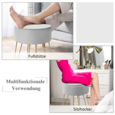 Costway Samthocker cu picioare de metal Rotund Footstool Modern Otomane de la scaunul lateral de catifea Grey