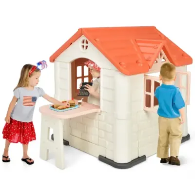 Casa pentru copii Costway 164 x 124 x 132 cm Casa pentru copii in aer liber cu masa picnic roz