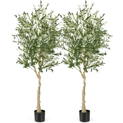 Costway 2 maslini artificiali cu 1296 frunze si 72 fructe Plante masline 182 cm