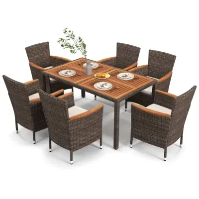 Costway 7 piese setat cu top de masa din lemn de salcâm si scaune stivuite Brown