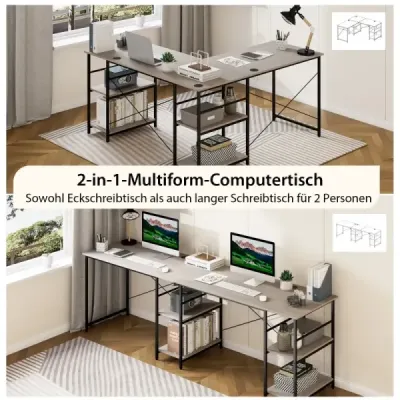 Costway birou L-forma birou colţ reversibil cu 4 rafturi 151 x 151 x 75 cm gri
