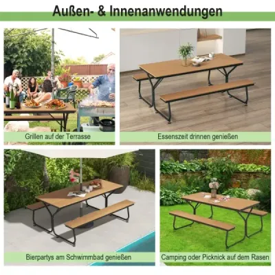 Costway 3 piese picnic masă & bancă set cu textură din lemn pentru 8 persoane Brown
