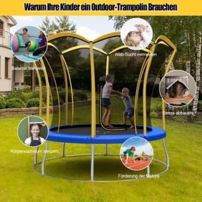 Costway φ305 cm trambulină cu formă de flori & de siguranță net & bare căptușite galben