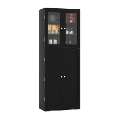 Cabinet de bucătărie din lemn costway cu 2 uși din sticlă călită & rafturi dulap negru