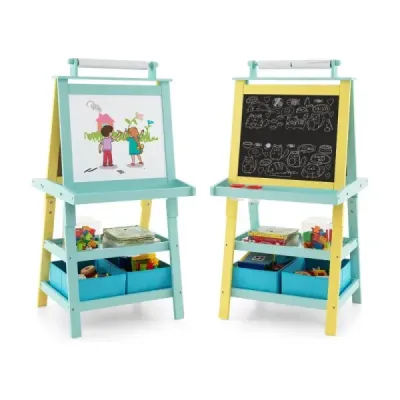 Costway 3 in 1 Kinder Staffelei Tablou dublu lateral & tabla & hârtie de desen galben + albastru