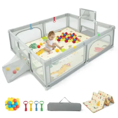 Costway 207 x 145 cm Scări pentru copii cu saltea & baschet coş şi plase de fotbal Bright Grey