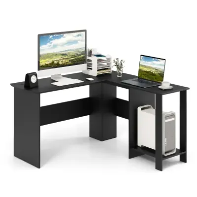 Costway L-Form Desk cu 2 găuri și sloturi de cablu tastatură 130 x 130 x 74 cm negru