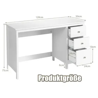 Birou costway cu 3 sertare & dispozitiv anti-kipp Tabel de calculator 120 x 50 x 75 cm Alb
