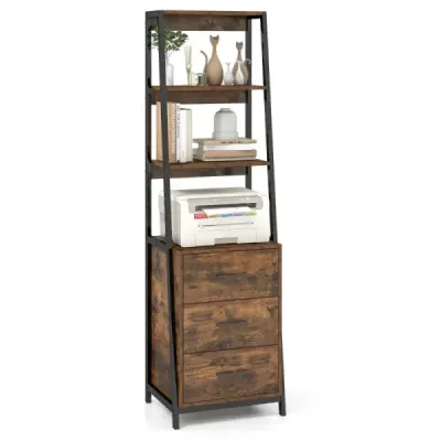 Costway Bookcase raft birou cu 3 sertare și 4 rafturi deschise 51 x 40 x 175 cm Rustic Brown + negru