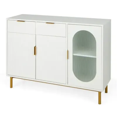 Costway Bufet dulap cu uși de sticlă Sideboard cu 2 sertare si picioare metalice 120 x 40 x 88 cm Alb