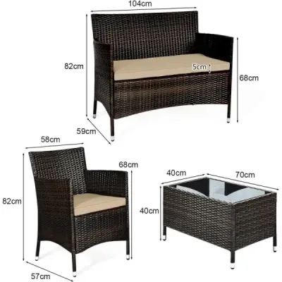 Costway 4 piese mobilier gradina set Polyrattan balcon mobilier set cu perna scaun Brown