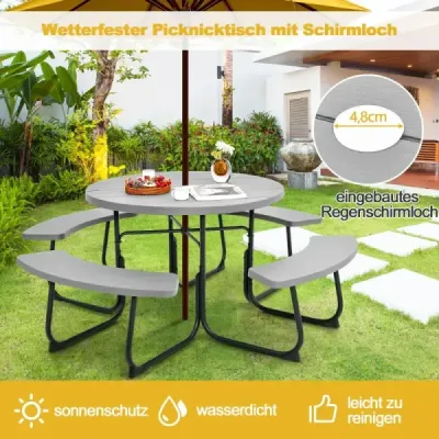 Set pentru 8 persoane Masa picnic cu gaura ecran & 4 banci Masă rezistentă la vreme Grey