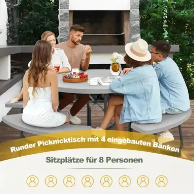Set pentru 8 persoane Masa picnic cu gaura ecran & 4 banci Masă rezistentă la vreme Grey