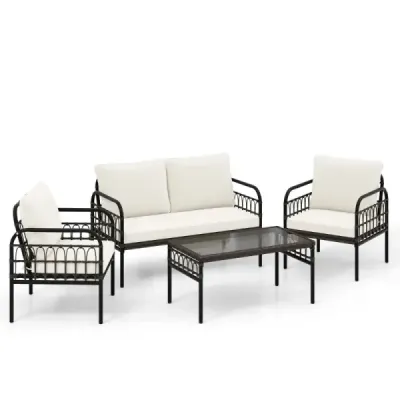 Costway 4 piese. Set de 2 scaune rattan & banc de gradina si masa de sticla si perne maro + bej
