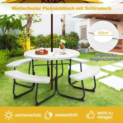 Set pentru 8 persoane masa de picnic cu gaura ecran & 4 banci 190 x 76 cm Alb