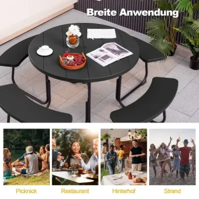Set pentru 8 persoane Masa picnic cu gaura ecran & 4 banci Masa rezistenta la vreme Negru