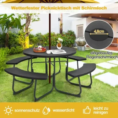 Set pentru 8 persoane Masa picnic cu gaura ecran & 4 banci Masa rezistenta la vreme Negru