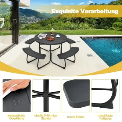 Set pentru 8 persoane Masa picnic cu gaura ecran & 4 banci Masa rezistenta la vreme Negru