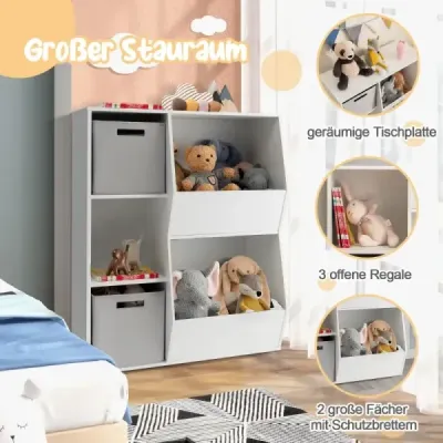 Detský regál 3-poschodový detský regál s 2 boxmi a 5 priehradkami 77 x 29 x 94 cm Biela+sivá