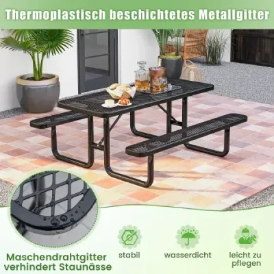 Costway 184 cm Set cort de bere din metal acoperit Masa de bere rezistent la vreme cu 2 banci