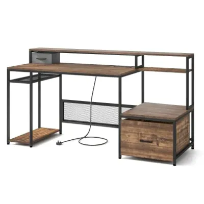 Birou costway cu prize & porturi USB & stand monitor & imprimantă Tabel computer