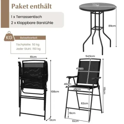 Masa Bistro Costway cu 2 scaune pliabile & 3 buc. Bar de exterior scaun set mobilier balcon