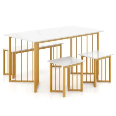 Costway 4 piese sala de mese grup cu 2 scaune & masă & bancă Masă de luat masa modernă White + Golden