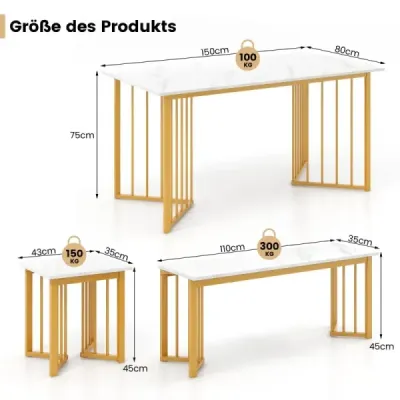 Costway 4 piese sala de mese grup cu 2 scaune & masă & bancă Masă de luat masa modernă White + Golden