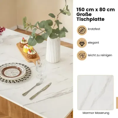 Costway 4 piese sala de mese grup cu 2 scaune & masă & bancă Masă de luat masa modernă White + Golden